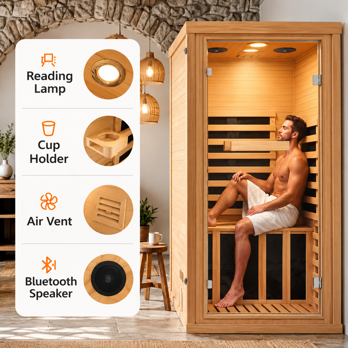 Halo Senses 1-2 Person Indoor Infrared Sauna – Premium Wooden Home Sauna with Glass Door
